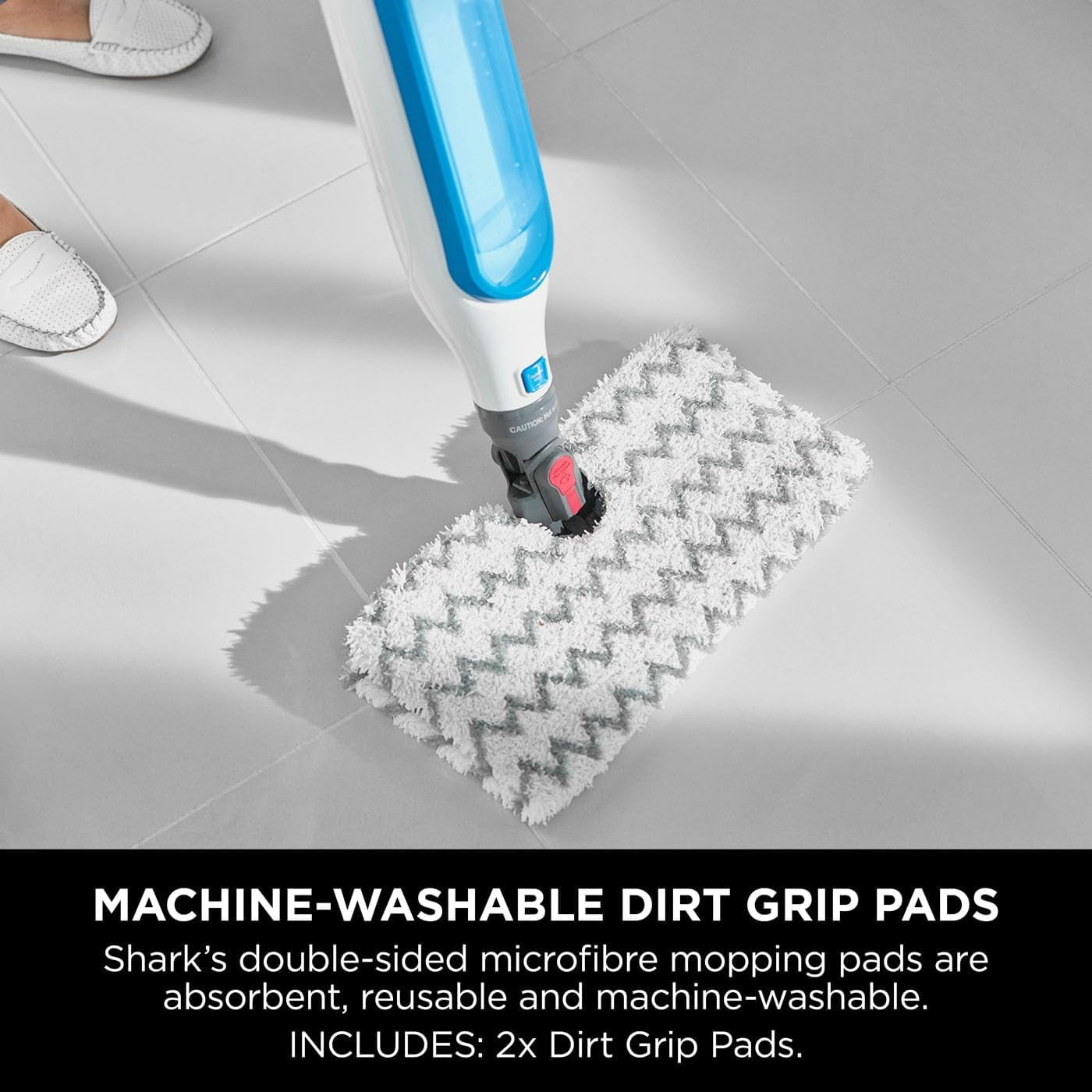 Shark Flip Steam Mop with Steam Blaster 2 Machine Washable Cleaning Pads & Fill Flask White & Blue