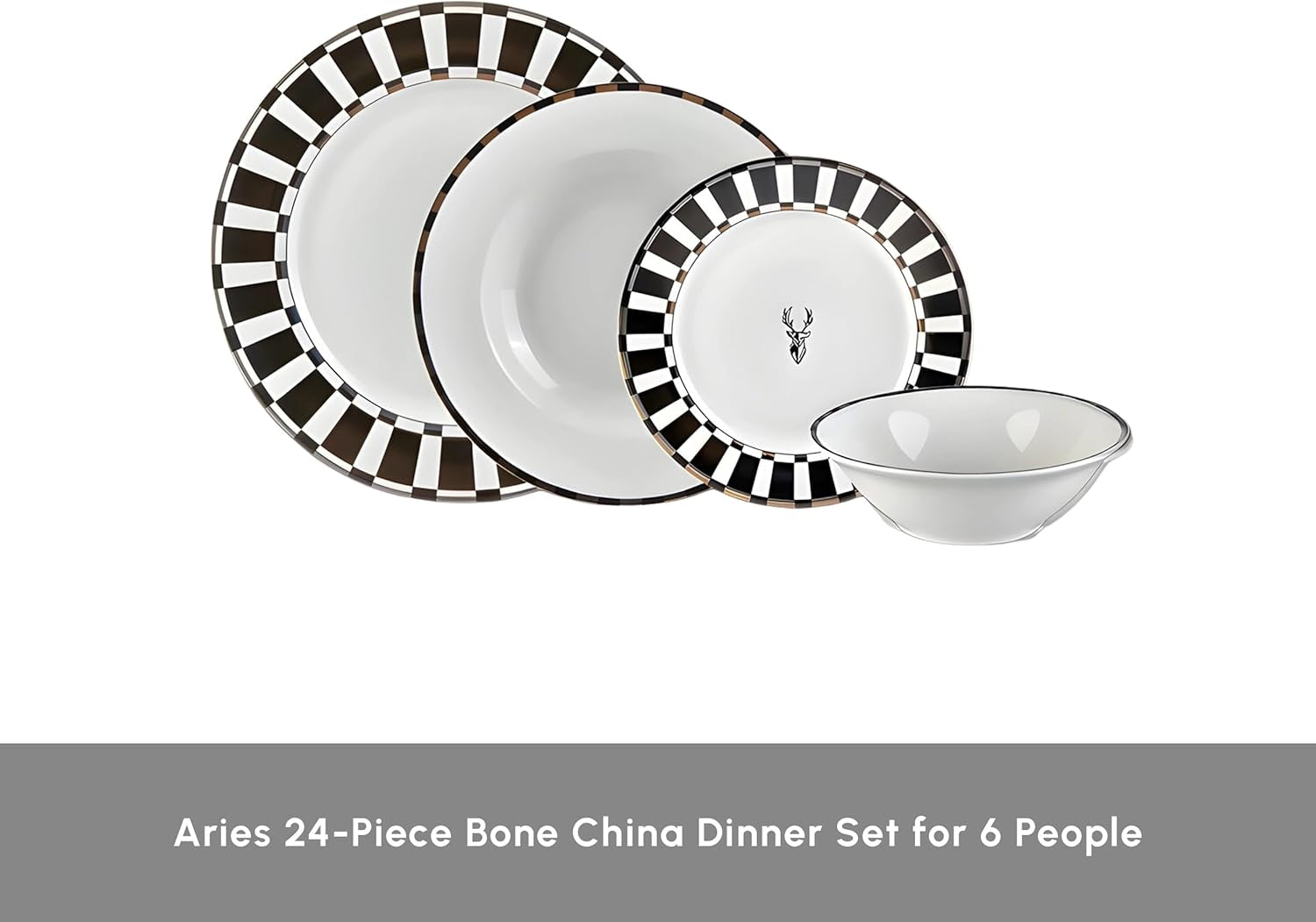 Karaca Aries Black 24 Piece Dinner Set for 6 People, Stylish, Elegant, Black White Borders, Gold and Silver Accents, Dinner Set Porcelain