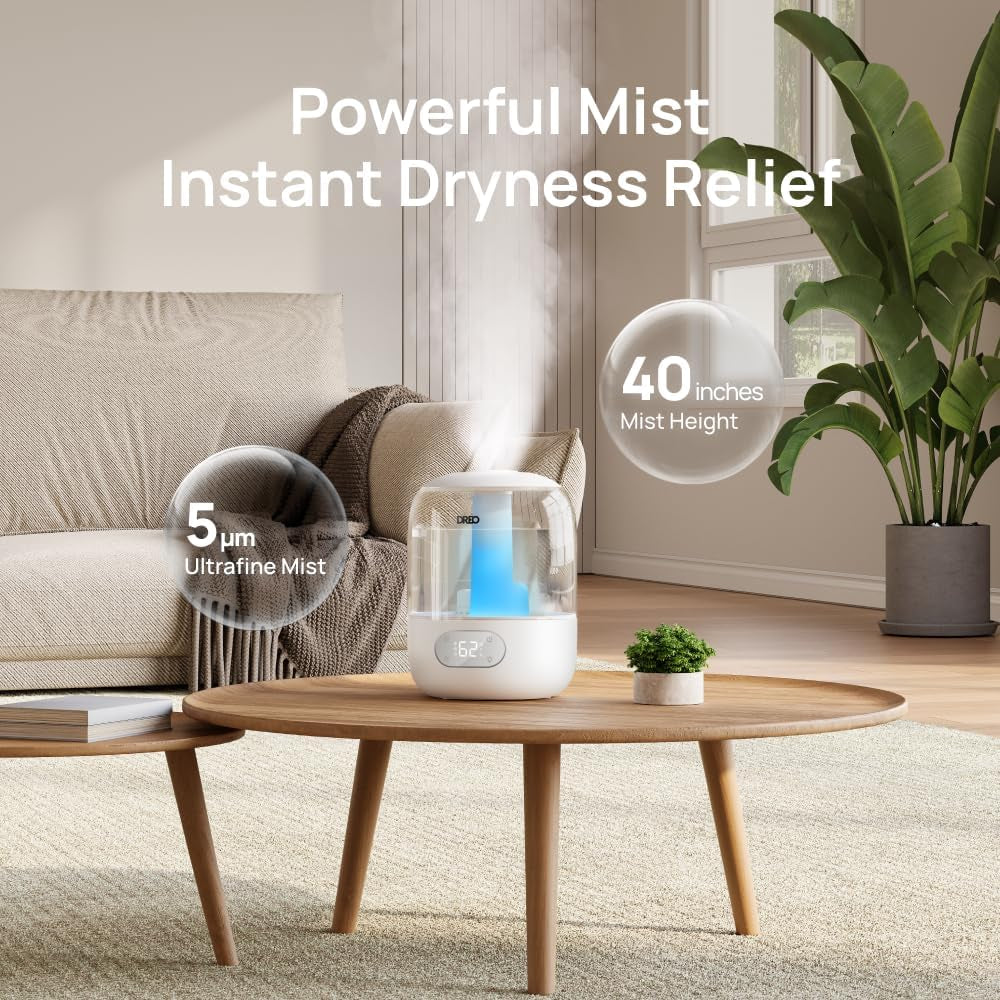 Dreo Humidifiers for Bedroom, Cool Mist Ultrasonic Humidifiers with Oil Diffuser, 30Hr Runtime, Top Fill 3L Tank, Humidity Sensor, Night Light for Baby, Nursery, 360° Nozzle for Plants and Home, White