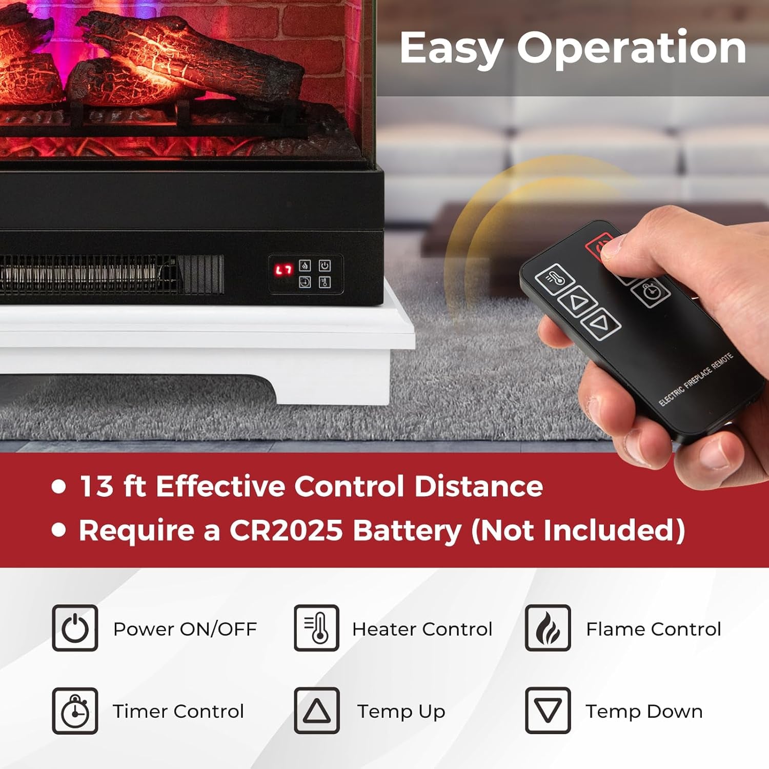 SIMOE Electric Fireplace 3D Flame & 7 Flame Colors Overheat Protection & Remote Control & Timer