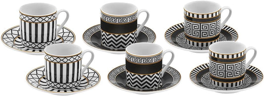 KARACA Helenistik Porcelain Turkish Coffee Cups Set for 6 People - 12 Piece Espresso Cup with Saucers - Drinking Serving Gift Set for Women - Ideal for Serving Turkish Coffee (Black and White, 80 Ml)