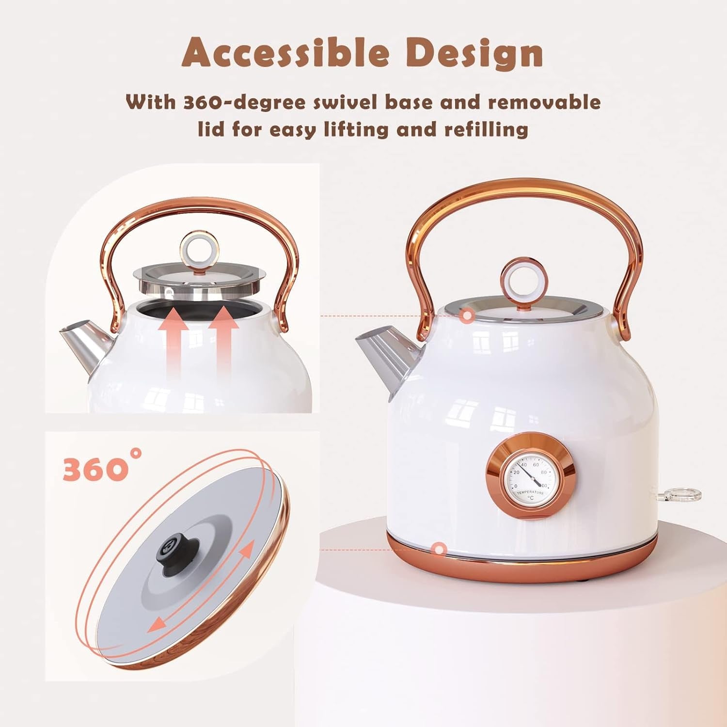 Retro Electric Kettle, 1.7L Stainless Steel Tea Kettle with Large Temperature Gauge, 1500W Fast Heating Hot Water Boiler with LED Indicator, Auto Shut-Off & Boil-Dry Protection-Elegant White