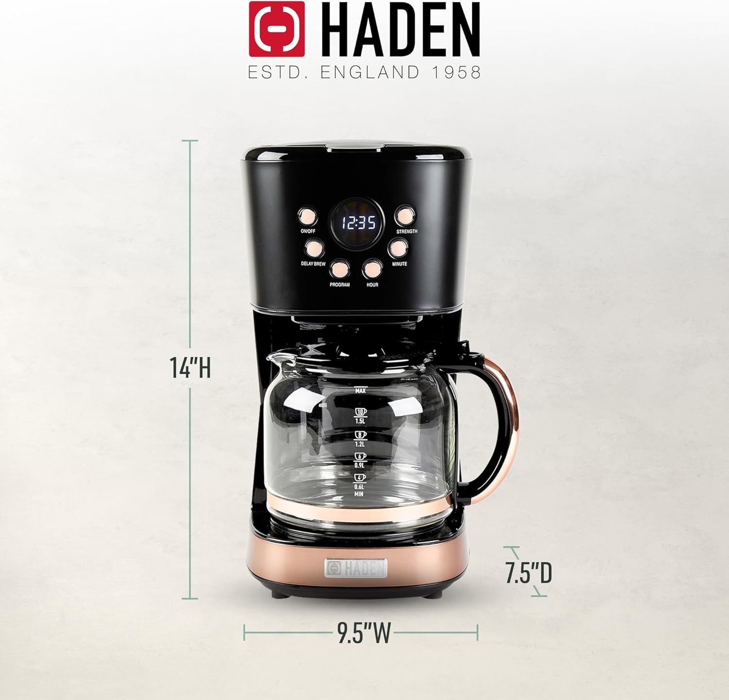 Haden Coffee Machine, 12 Cup Programmable Drip Coffee Maker with Auto Shut-Off Function and Reusable Washable Water Filter, Black & Copper