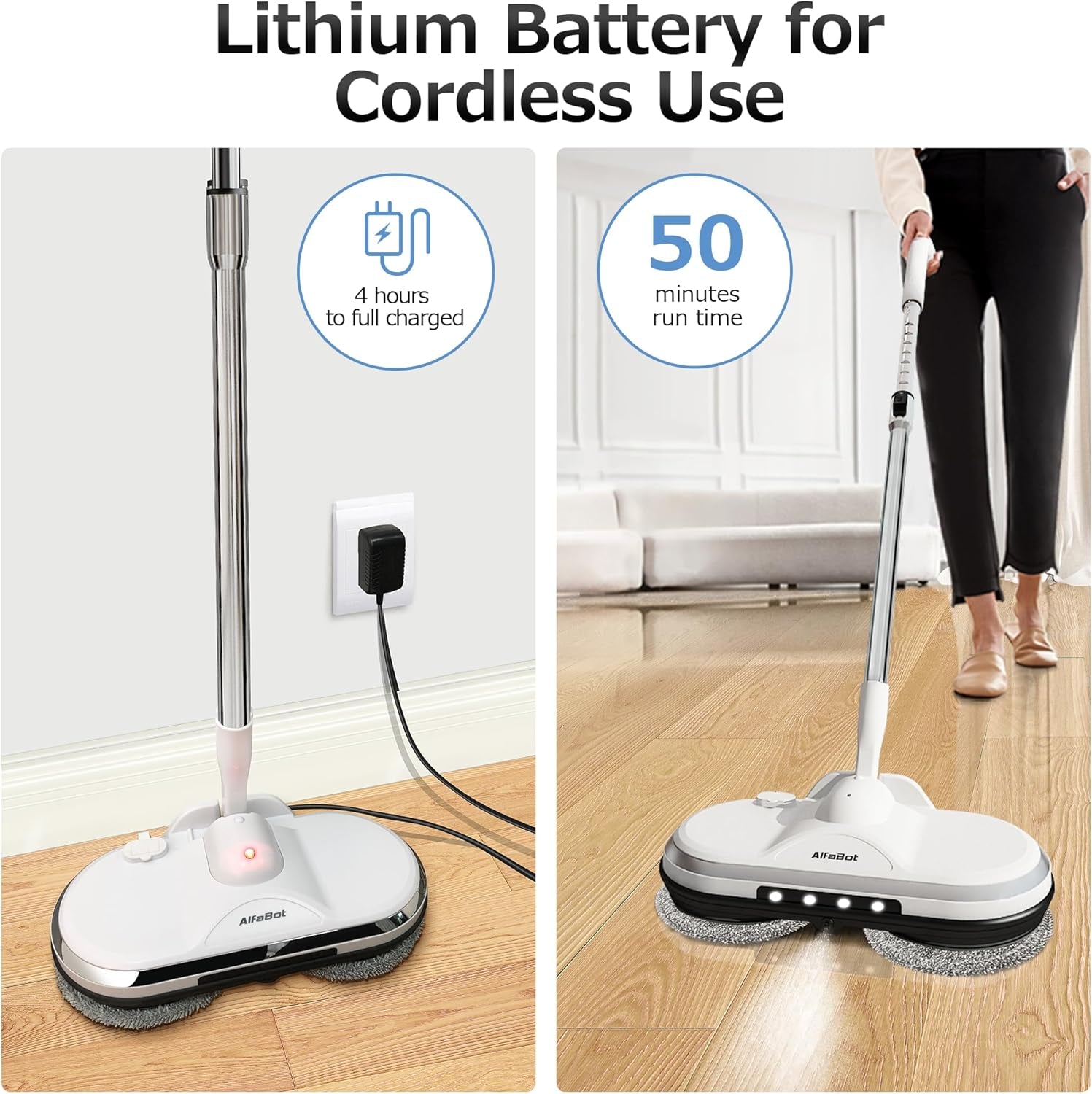 AlfaBot Cordless Electric Mop for Floor Cleaning with Water Sprayer and LED Headlight Rechargeable