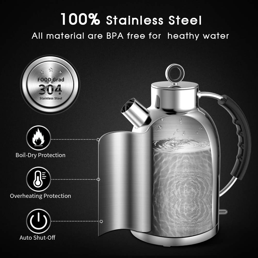 ASCOT Electric Kettle, Electric Tea Kettle Hot Water Kettle Stainless Steel Kettle 1.5L 1500W Tea Heater & Boiling Water, Auto Shut-Off and Boil-Dry Protection (Polished Silver)