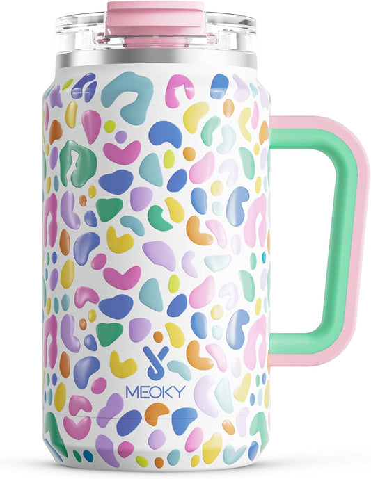 Meoky 32 Oz Tumbler with Handle, Stainless Steel Vacuum Insulated Tumbler, Keeps Cold for 30 Hours, 100% Leak-Proof, Bpa-Free (Leopard)