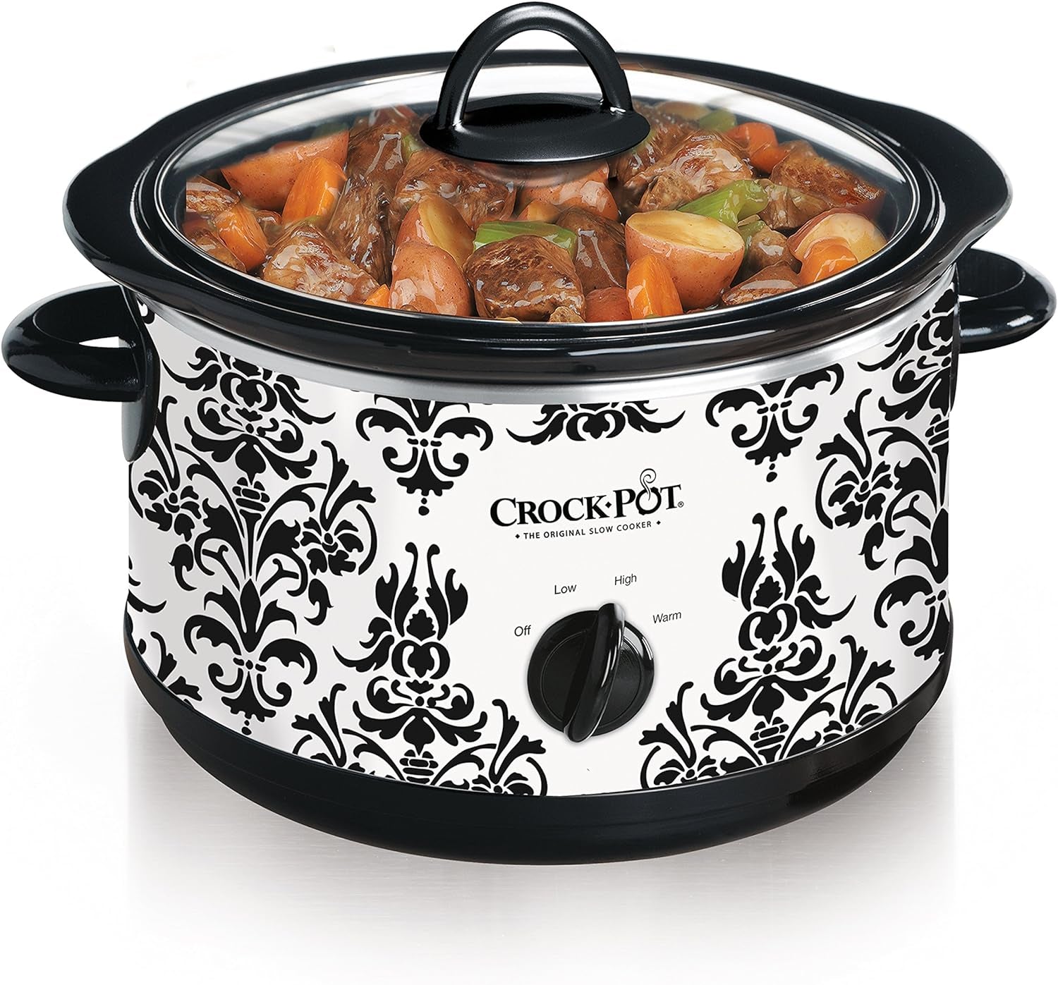 Crock Pot 4.5 Quart Manual Slow Cooker, Damask Pattern, White