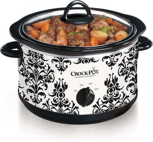 Crock Pot 4.5 Quart Manual Slow Cooker, Damask Pattern, White