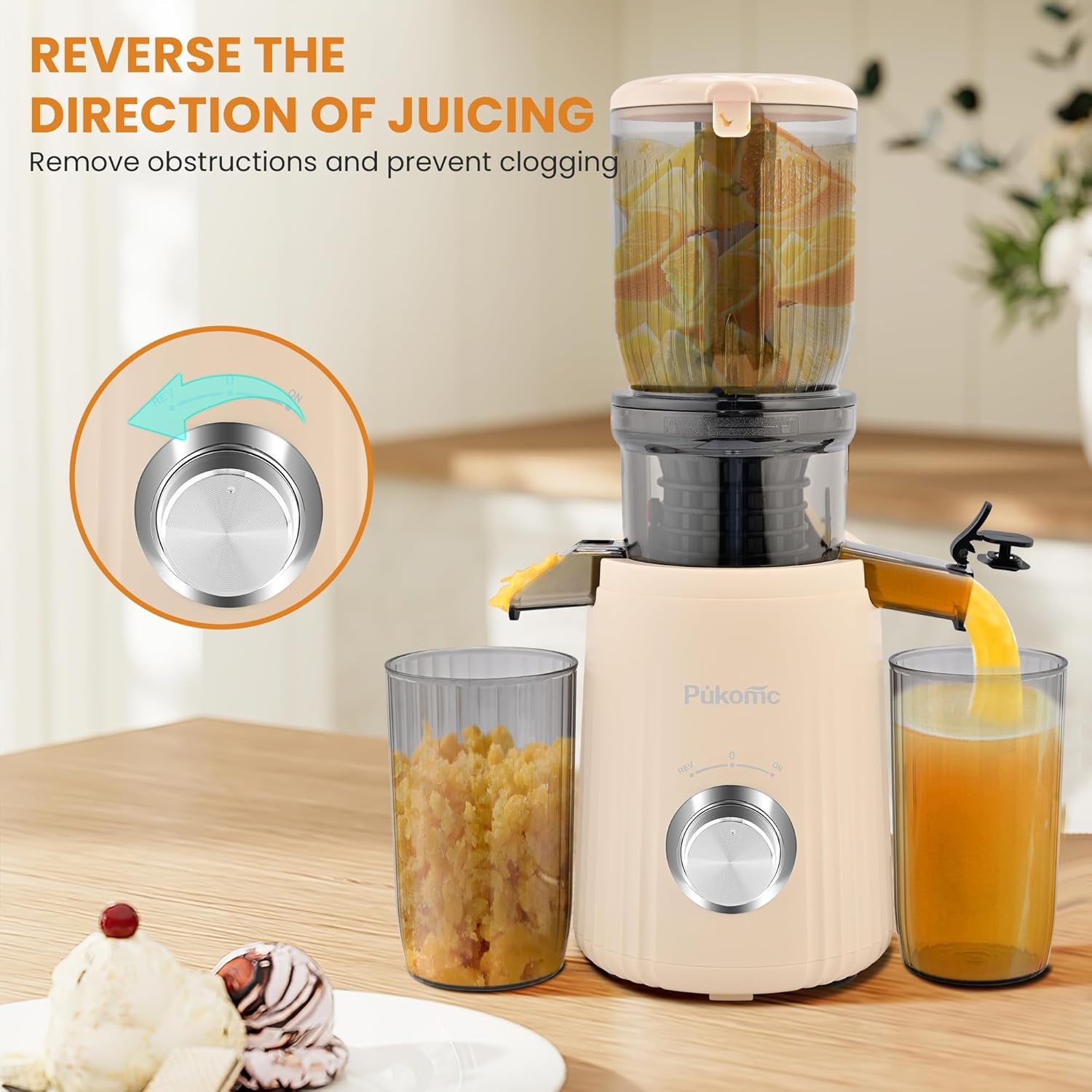 Pukomc Juicer Machines, Cold Press Juicer with 4.1'' Large Feed，Slow Masticating Machines Chute Fit Whole Vegetable and Fruit，High Juice Yield Juicer Easy to Clean