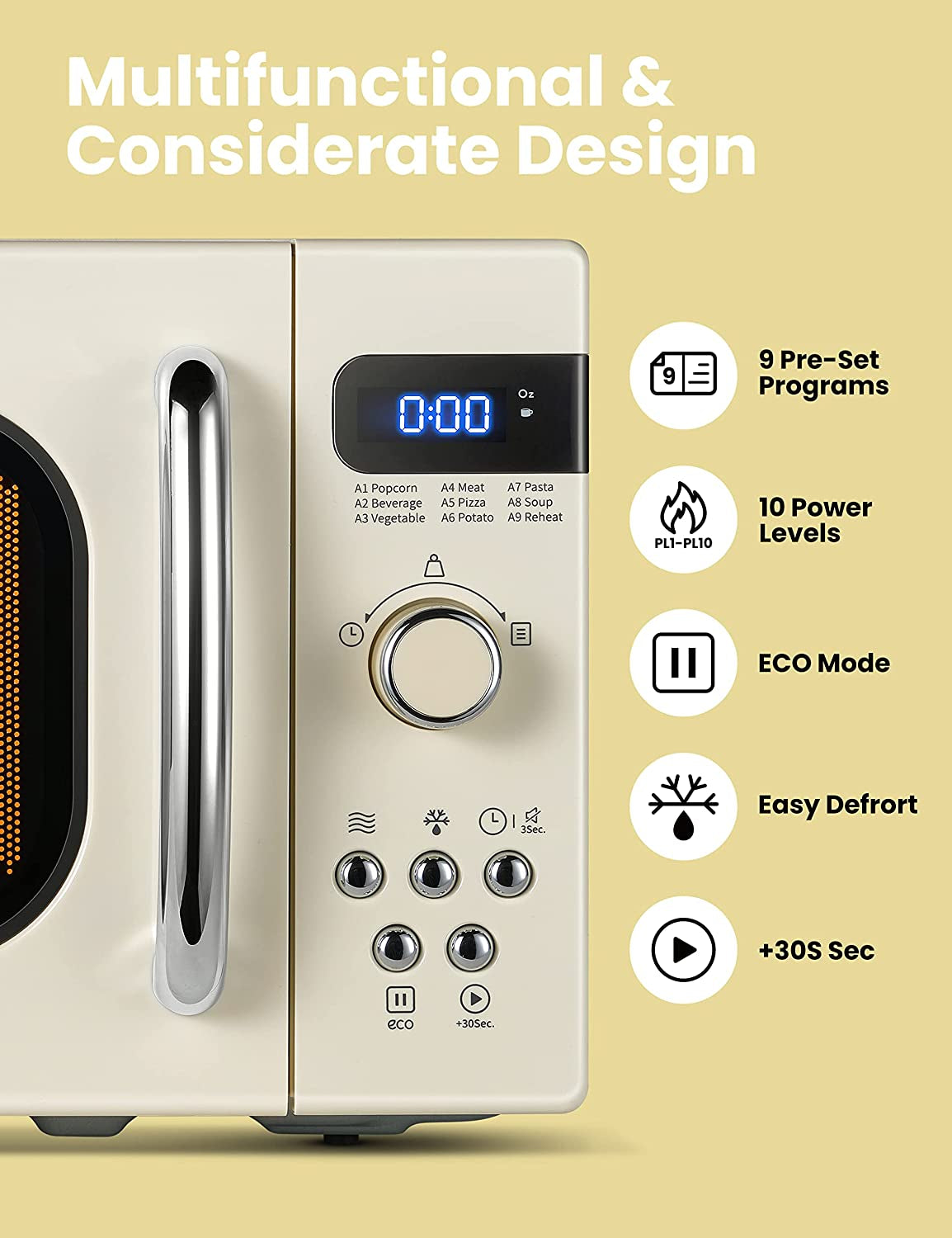 COMFEE' Retro Small Microwave Oven with Compact Size, 9 Preset Menus, Position-Memory Turntable, Mute Function, Countertop Perfect for Spaces, 0.7 Cu Ft/700W, Cream, AM720C2RA-A