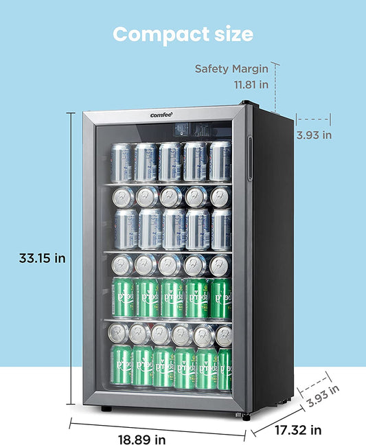 COMFEE' CRV115TAST Cooler, 115 Cans Beverage Refrigerator, Adjustable Thermostat, Glass Door with Stainless Steel Frame, Reversible Hinge Door and Legs for Home, Apartment