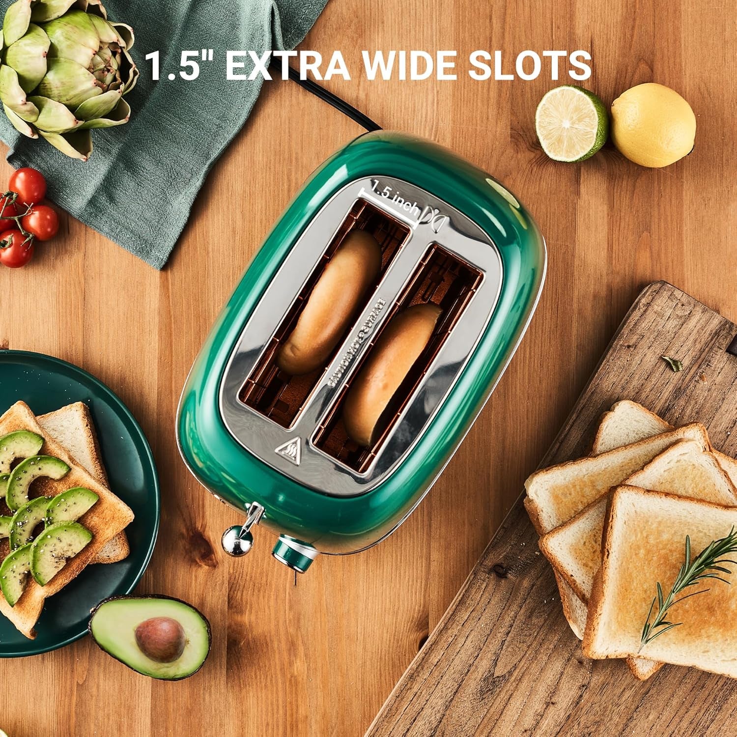 2 Slice Toaster Roter Mond Retro Stainless Steel Toaster with Bagel, Cancel, Defrost Function and 6 Bread Shade Settings Bread Toaster, Extra Wide Slot and Removable Crumb Tray, Green