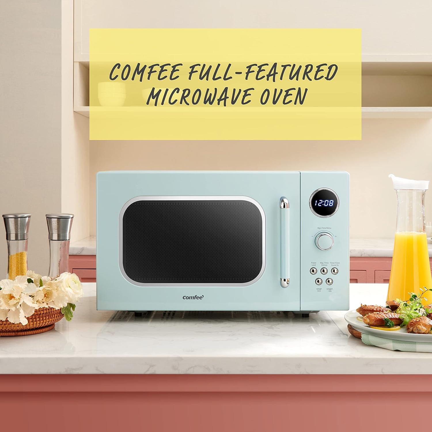 COMFEE' CM-M091AGN Retro Microwave with Multi-Stage Cooking, 9 Preset Menus and Kitchen Timer, Mute Function, ECO Mode, LED Digital Display, 0.9 Cu.Ft, 900W, Green