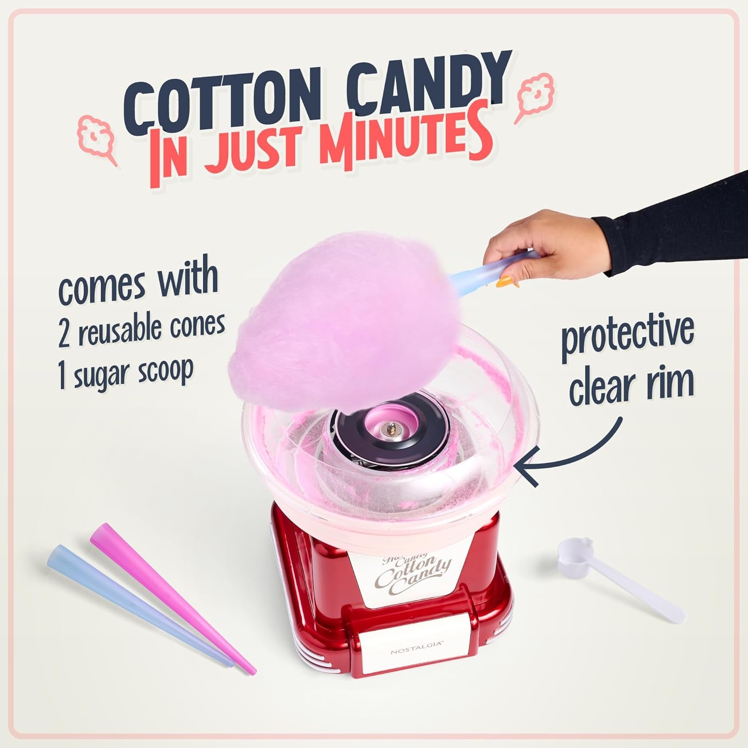 Nostalgia Cotton Candy Machine - Retro Cotton Candy Machine for Kids with 2 Reusable Cones, 1 Sugar Scoop, and 1 Extractor Head – Red