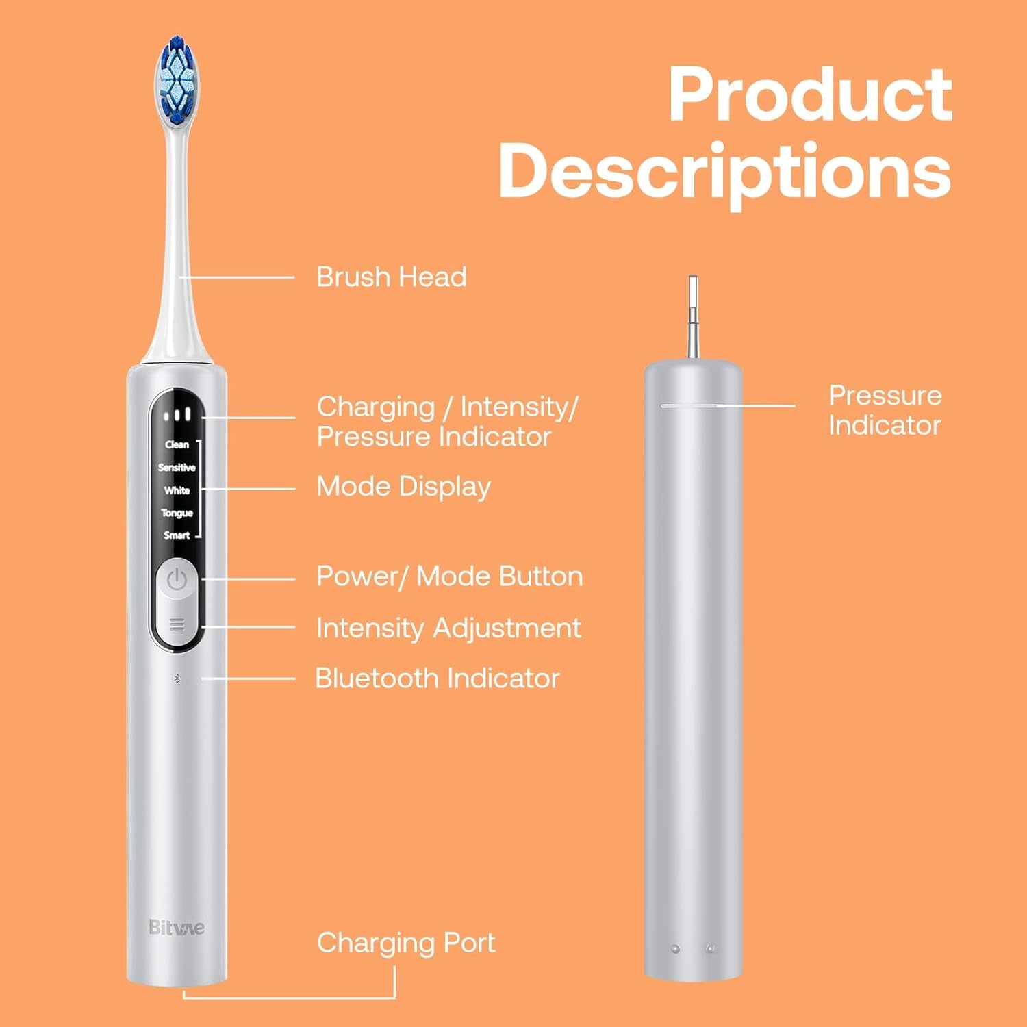 Bitvae Smart Sonic Electric Toothbrush with Pressure Sensor Silver White