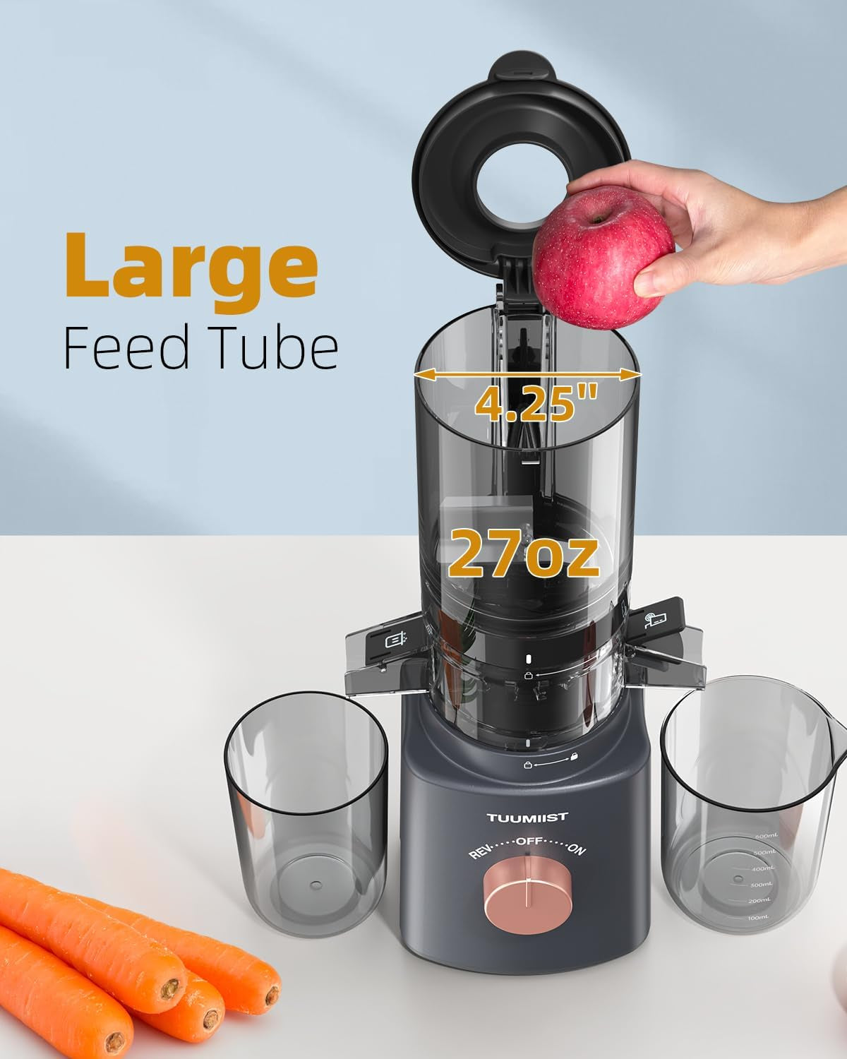 Juicer Machines, TUUMIIST Cold Press Juicer with 4.25'' Large Feed Chute Fit Whole Vegetable and Fruit, Masticating Juicer Easy to Clean, Gun Grey