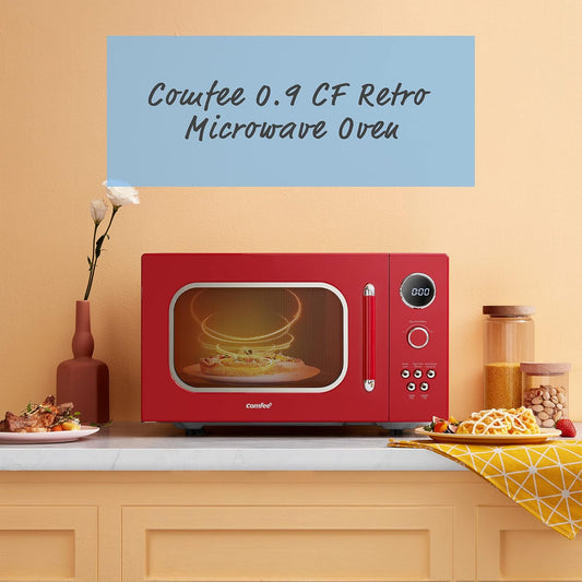 COMFEE' CM-M093ARD Retro Microwave with 9 Preset Programs, Fast Multi-Stage Cooking, Turntable Reset Function Kitchen Timer, Mute Function, ECO Mode, LED Digital Display, 0.9 Cu.Ft, 900W, Red