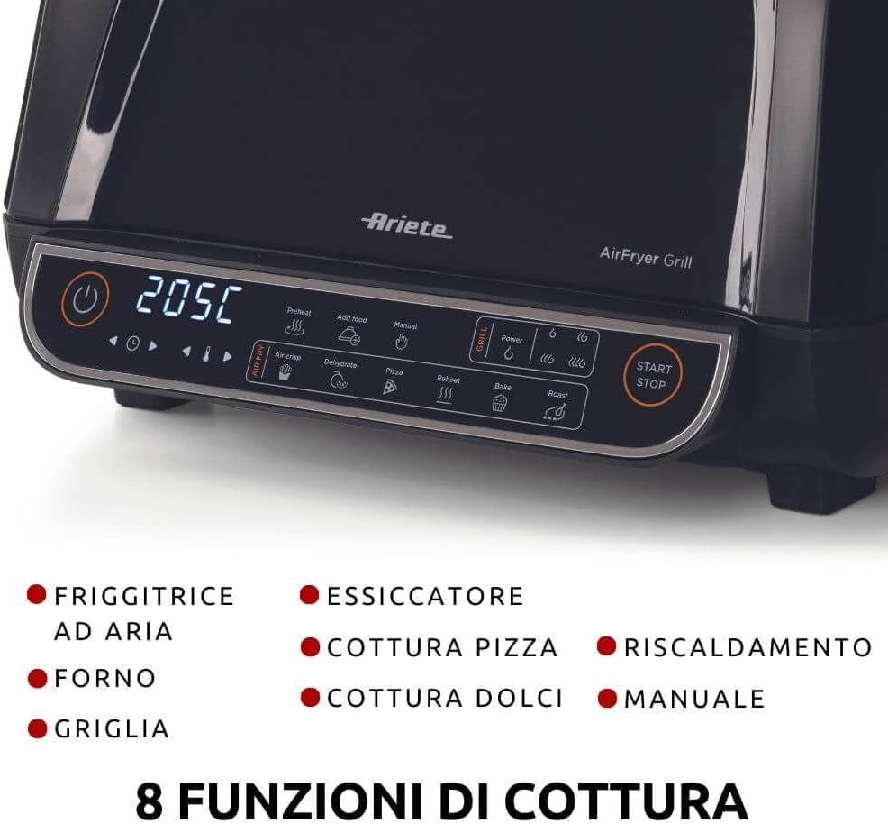 Ariete 4635 Air Fryer Grill, Friggitrice Ad Aria E Griglia, Bistecchiera,1700W, Capacità 8L, Friggi E Griglia, 8 Funzioni Di Cottura, Timer, Nero