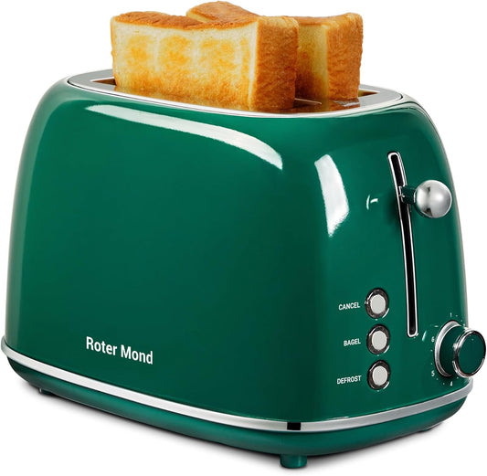 2 Slice Toaster Roter Mond Retro Stainless Steel Toaster with Bagel, Cancel, Defrost Function and 6 Bread Shade Settings Bread Toaster, Extra Wide Slot and Removable Crumb Tray, Green