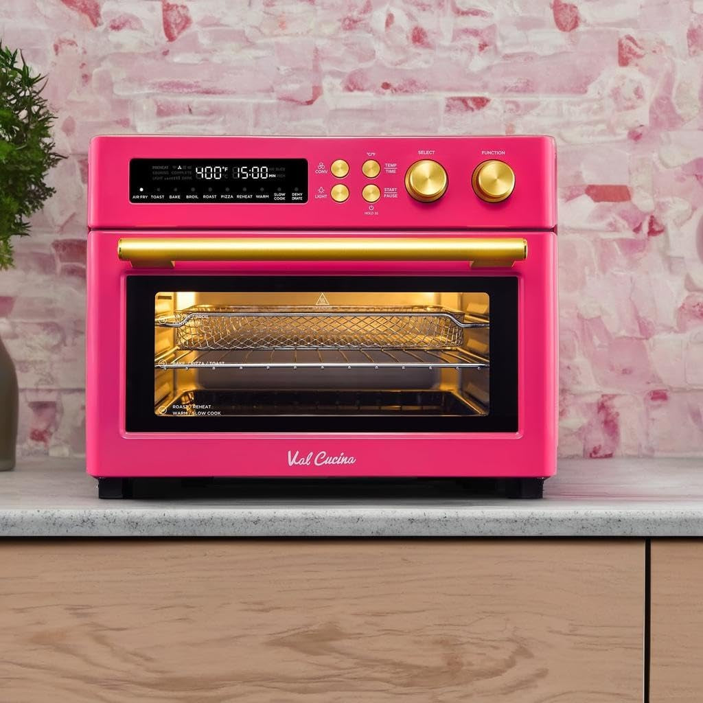 Limited Edition Happy Pink Infrared Heating Air Fryer Toaster Oven, Extra Large Countertop Convection Oven 10-In-1 Combo, 6-Slice Toast, Enamel Baking Pan Easy Clean with Recipe Book