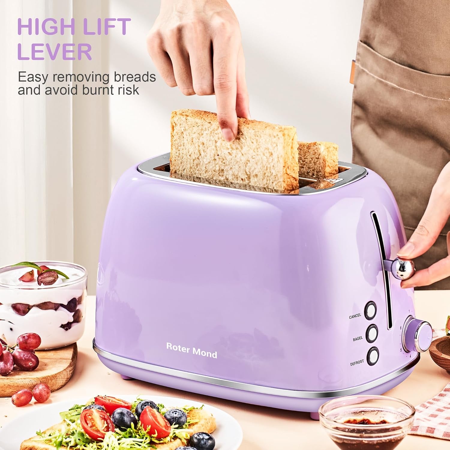 Roter Mond Retro Stainless Steel 2 Slice Toaster 6 Bread Shade Settings Purple