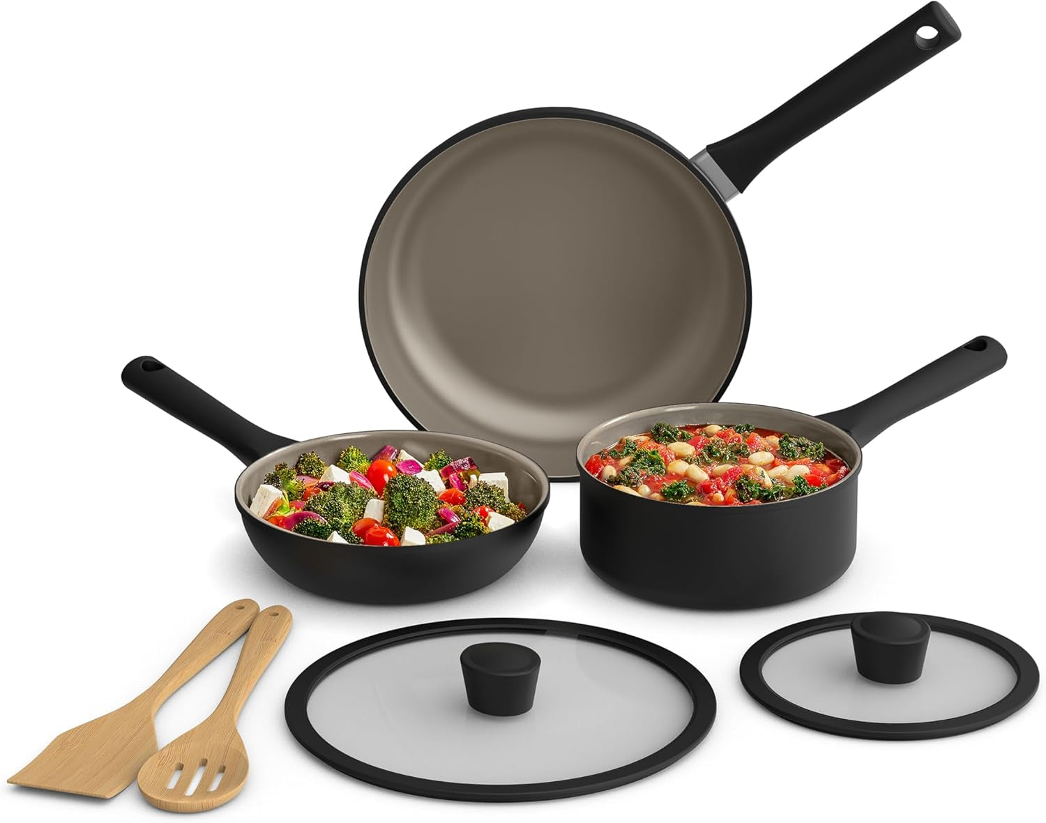 Bella 7 Piece Cookware Set with Evergood™ Ceramic Nonstick Coating​, Dishwasher Safe Oven Safe, All Stovetops Compatible, Glass Lids with Silicone Rims, Cool Touch Handles, Black