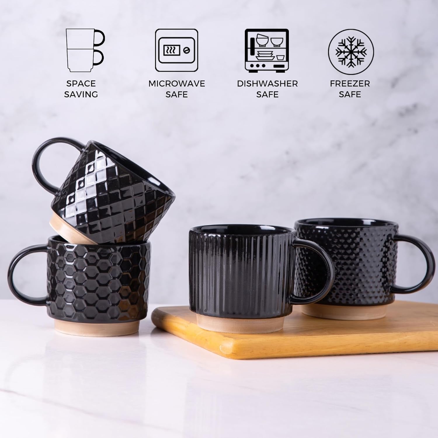 12OZ Stackable Coffee Mugs, Ceramic Coffee Mugs with Texture Patterns for Man,Woman,Dad,Mom, Modern Coffee Mugs Set of 4 for Latte/Cappuccino/Cocoa. Dishwasher&Microwave Safe, Black