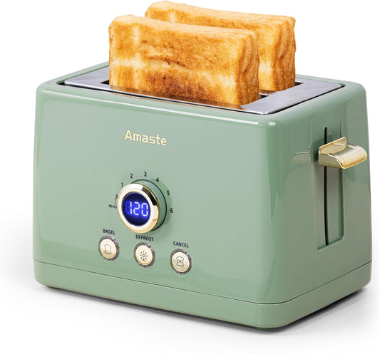 2 Slice Toaster, Retro Bread Toaster with LED Digital Countdown Timer, Extra Wide Slots Toasters with 6 Bread Shade Settings, Bagel, Cancel, Defrost Function, High Lift Lever, Removal Crumb Tray