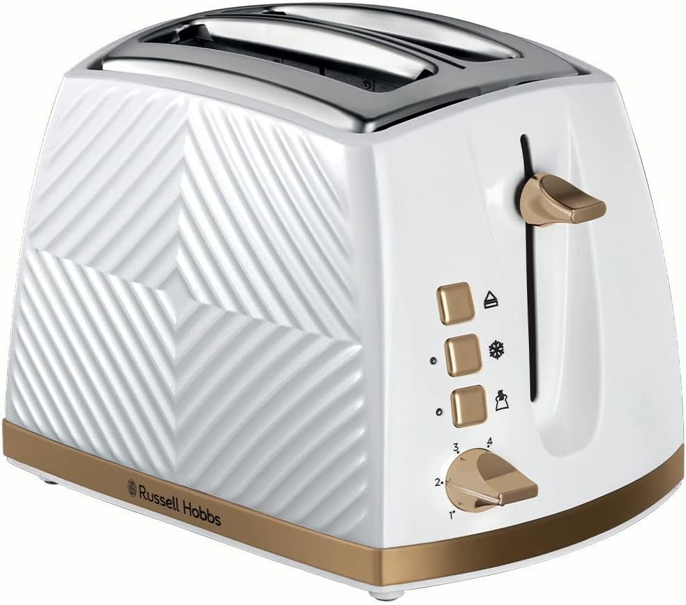 Groove 2 Slice Toaster (High Lift, Extra Wide Slots, 6 Browning Levels, Frozen/Cancel/Reheat Function - Illuminated Buttons, Removable Crumb Tray, 850W, White, Brushed Gold Accents)26391