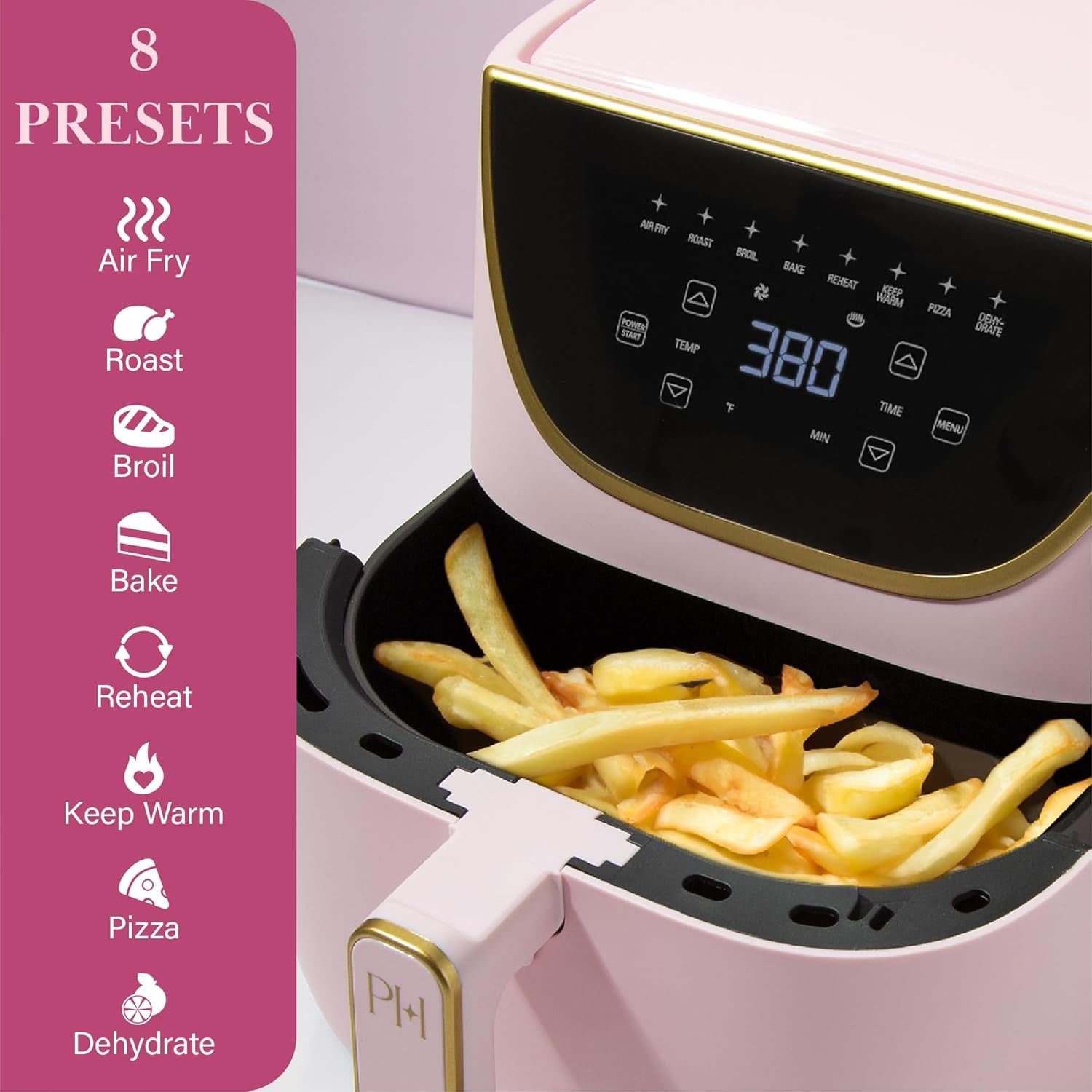 Paris Hilton Air Fryer, Large 6-Quart Capacity, Touchscreen Display, 8-In-1 (Air Fry, Roast, Broil, Bake, Reheat, Keep Warm, Pizza, Dehydrate), Dishwasher Safe and Nonstick Basket and Crisper, Pink