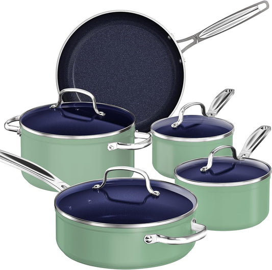 Nuwave 9Pc Cookware Set Healthy Duralon Blue Ceramic Nonstick Coated, Diamond Infused Scratch-Resistant, PFAS Free, Oven Safe, Induction Ready & Evenly Heats, Tempered Glass Lids & Stay-Cool Handle