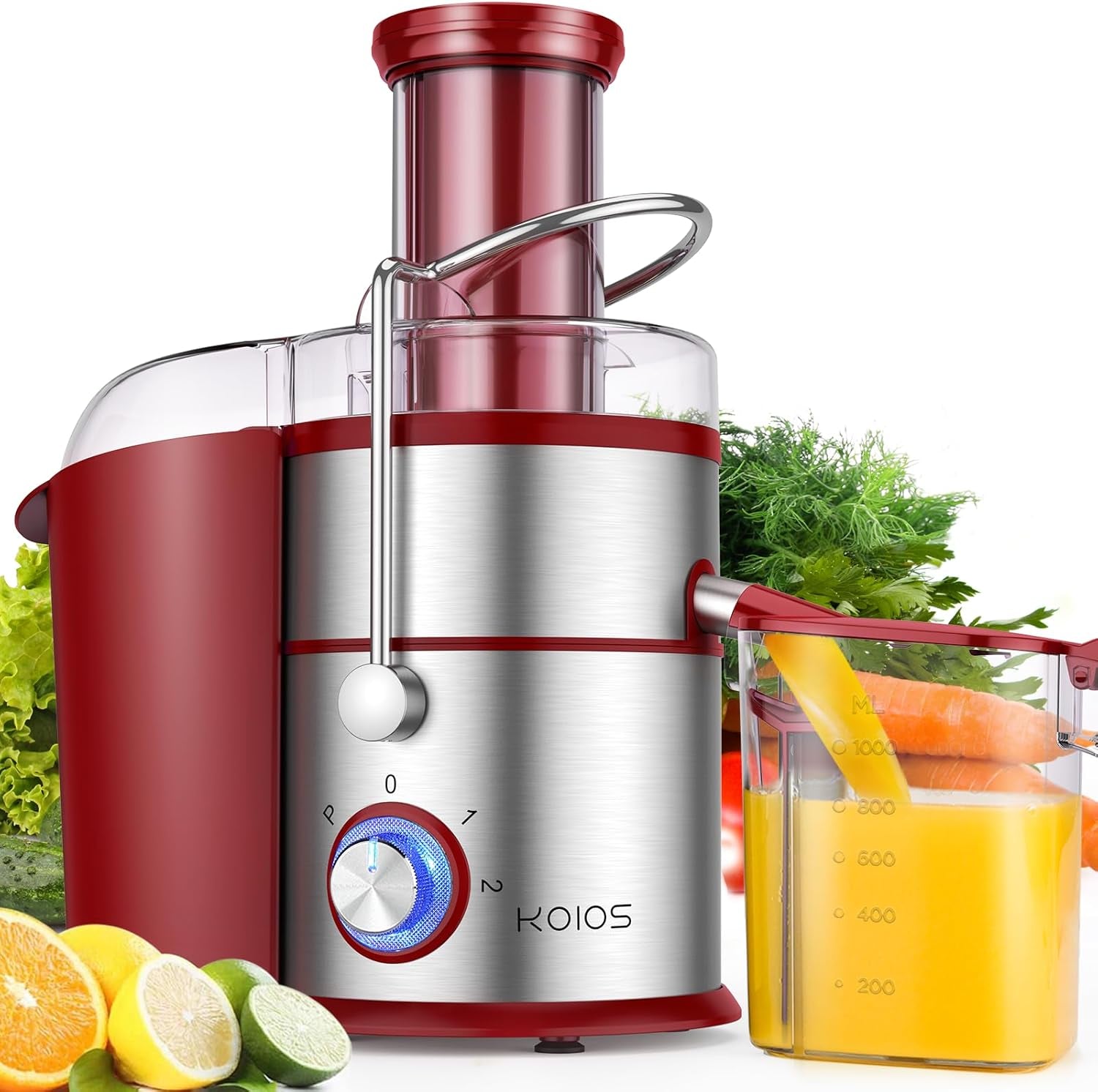 1300W KOIOS Centrifugal Juicer Machines, Juice Extractor with Extra Large 3Inch Feed Chute, Full Copper Motor, Titanium-Plated Filter, High Juice Yield, 3 Speeds Mode, Brush Included, Non-Bpa, Red