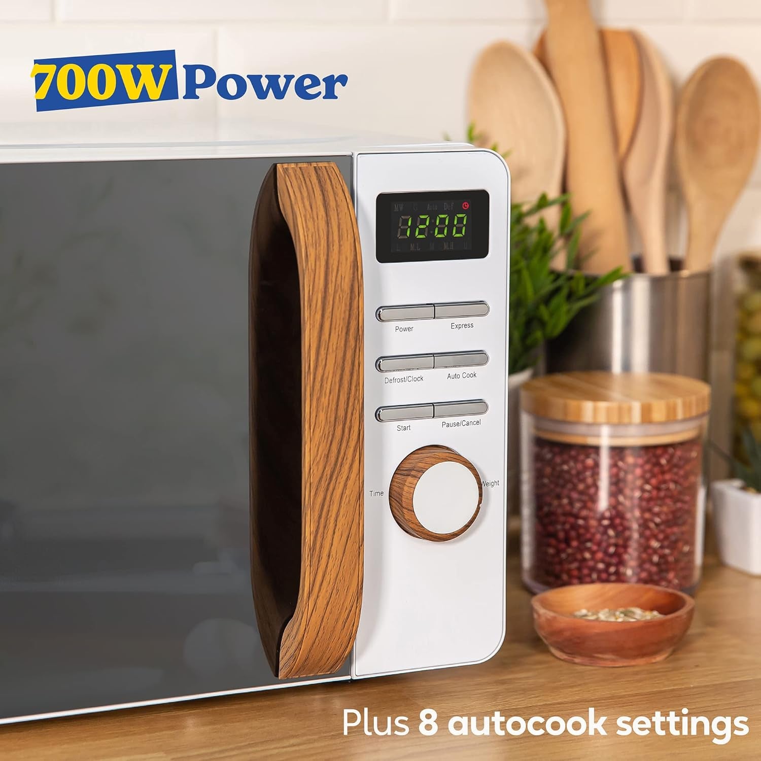 RHMD714 17 L 700 W Scandi White Digital Microwave with 5 Power Levels, Wood Effect Handle & Dials, Clock & Timer, Automatic Defrost, Easy Clean, 8 Auto Cook Menus