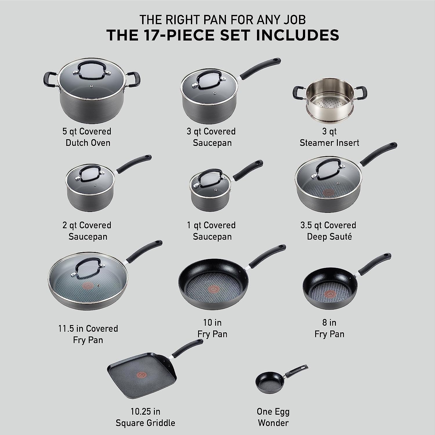 T-Fal Ultimate Hard Anodized Nonstick Cookware Set 17 Piece, Oven Broiler Safe 400F, Lid Safe 350F, Kitchen Cooking Set W/ Fry Pans, Saucepans, Saute Pan, Griddle, Pots and Pans, Dishwasher Safe Black