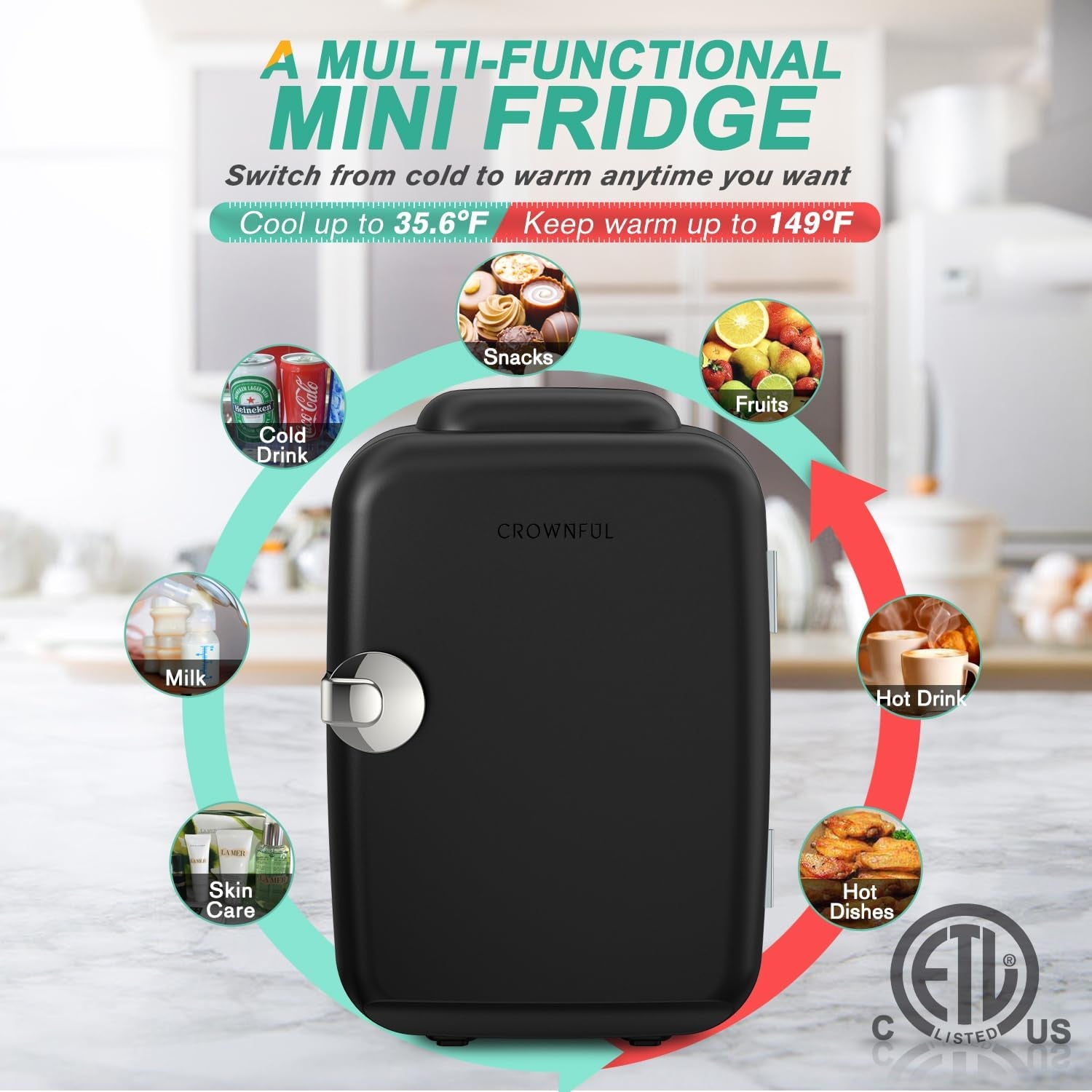 CROWNFUL Mini Fridge 4 Liter 6 Can Portable Cooler and Warmer Fridge for Skin Care & Cosmetics (Black)