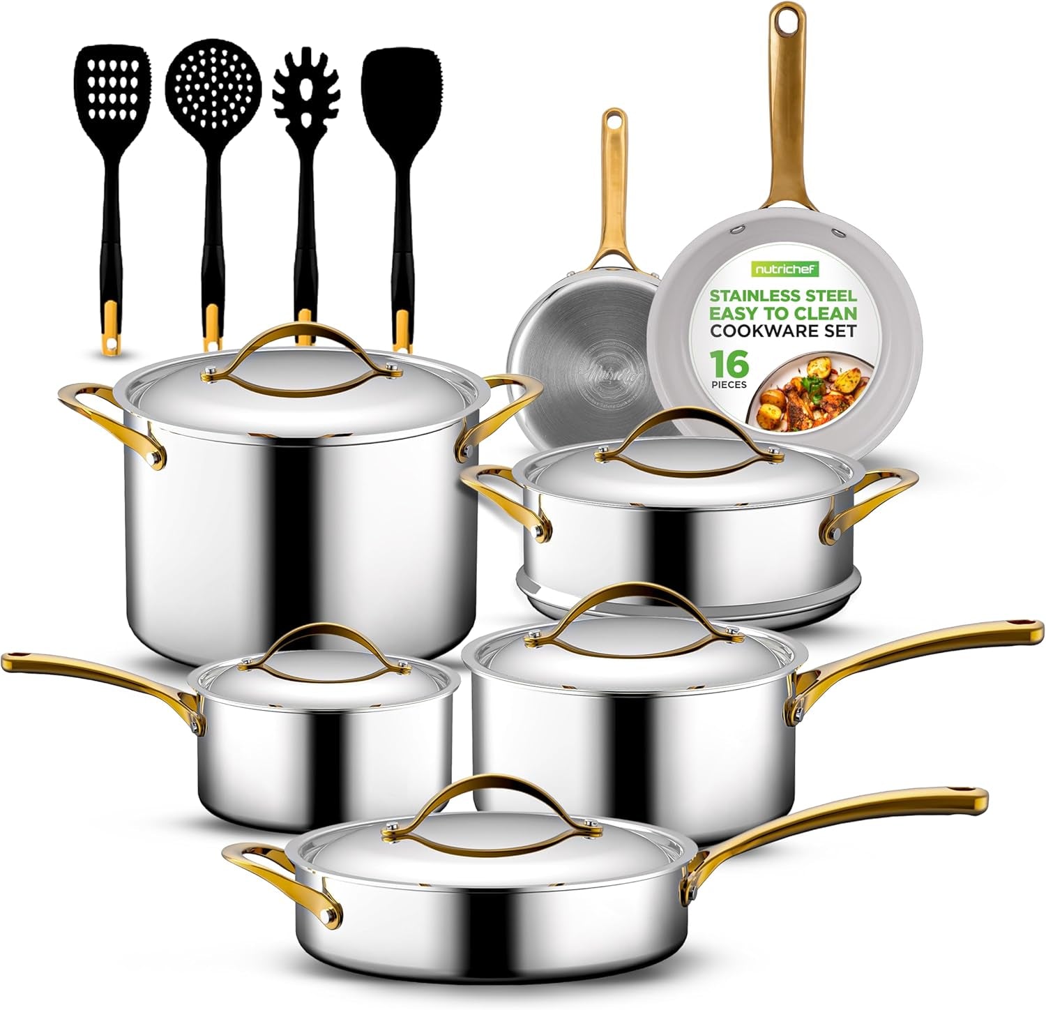 Nutrichef 16-Piece Stainless Steel Kitchenware - Pots & Pans Set Clad Kitchen Cookware with Nylon Utensils, Fry Pan Interior Coated with Prestige Ceramic Non-Stick Coating, Stylish Kitchen Cookware