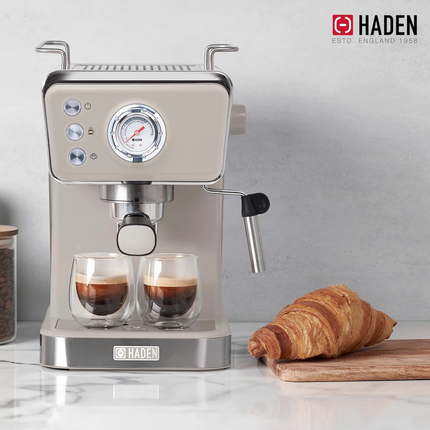 HADEN Barista Brew Espresso Coffee Machine Stainless Steel with Milk Frother and Steamer Function and 1.5L Water Tank Putty & Copper