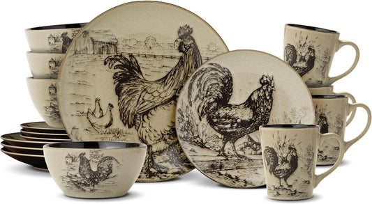 Pfaltzgraff Homespun Rooster 16-Piece Dinnerware Set, Service for 4 Brown