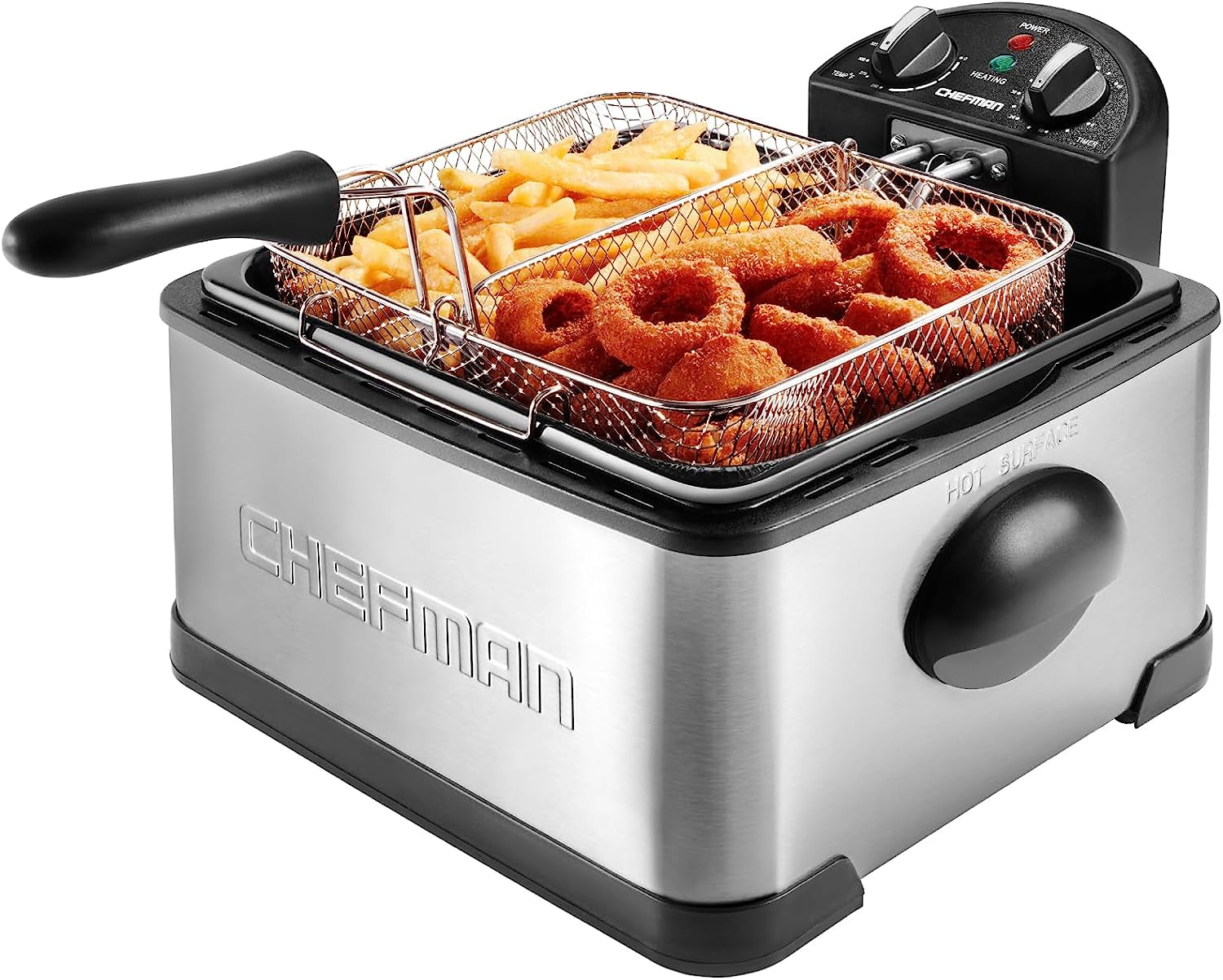 Chefman Deep Fryer with Basket Strainer, 4.5 Liter XL Jumbo Size Adjustable Temperature & Timer, Perfect Chicken, Shrimp, French Fries, Chips & More, Removable Oil Container, Black