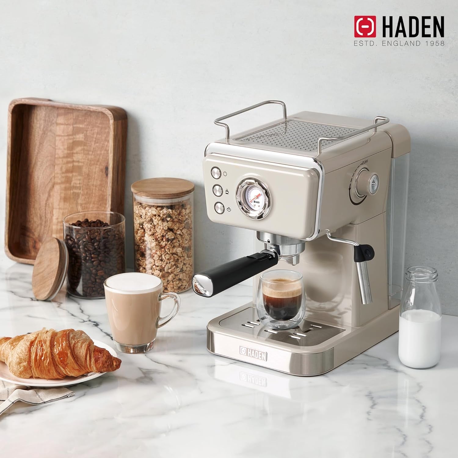 HADEN Barista Brew Espresso Coffee Machine Stainless Steel with Milk Frother and Steamer Function and 1.5L Water Tank Putty & Copper