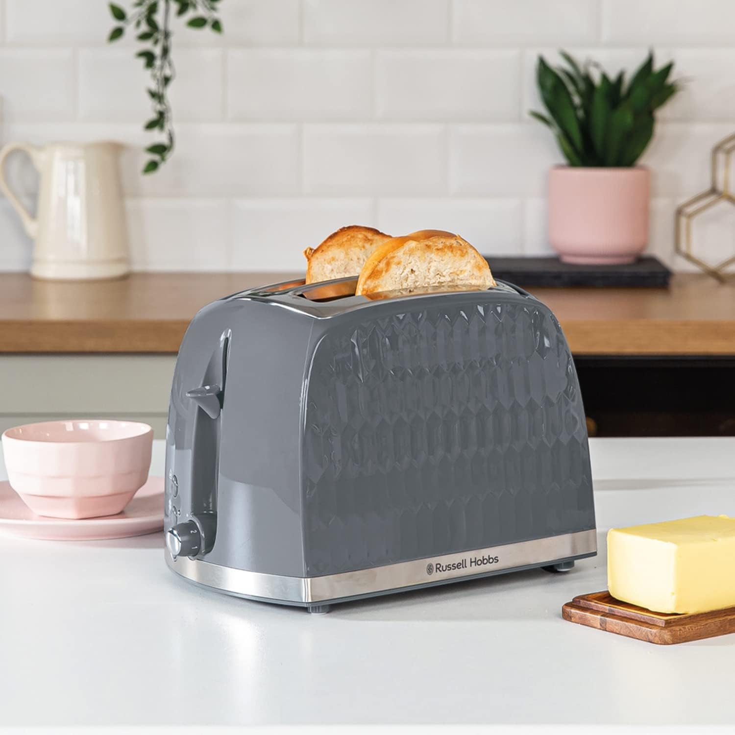 Honeycomb 2 Slice Toaster (Extra Wide Slots, High Lift Feature, 6 Browning Levels, Frozen/Cancel/Reheat Function, Removable Crumb Tray, 850W, Grey Textured High Gloss) 26063