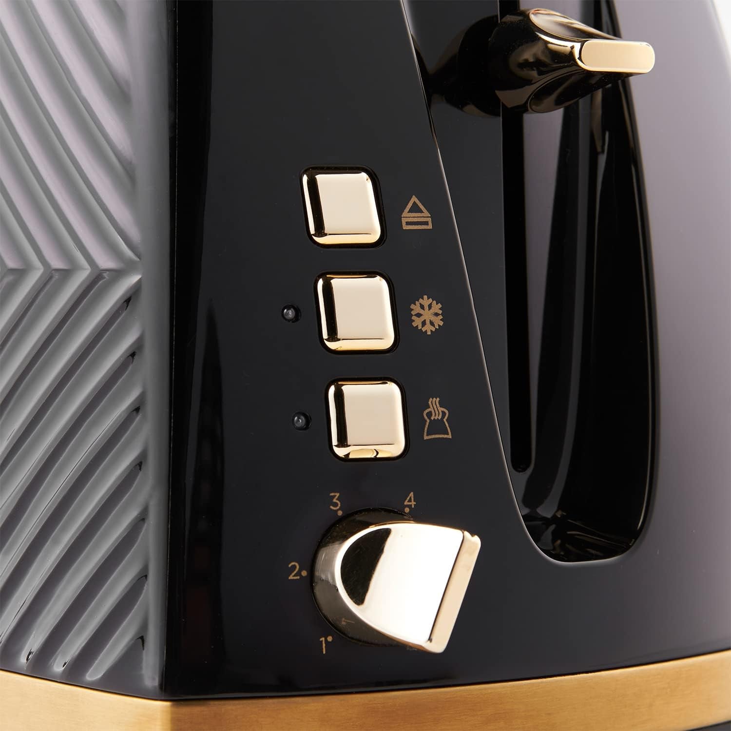 Groove 2 Slice Toaster (High Lift, Extra Wide Slots, 6 Browning Levels, Frozen/Cancel/Reheat Function - Illuminated Buttons, Removable Crumb Tray, 850W, Black, Brushed Gold Accents)26390