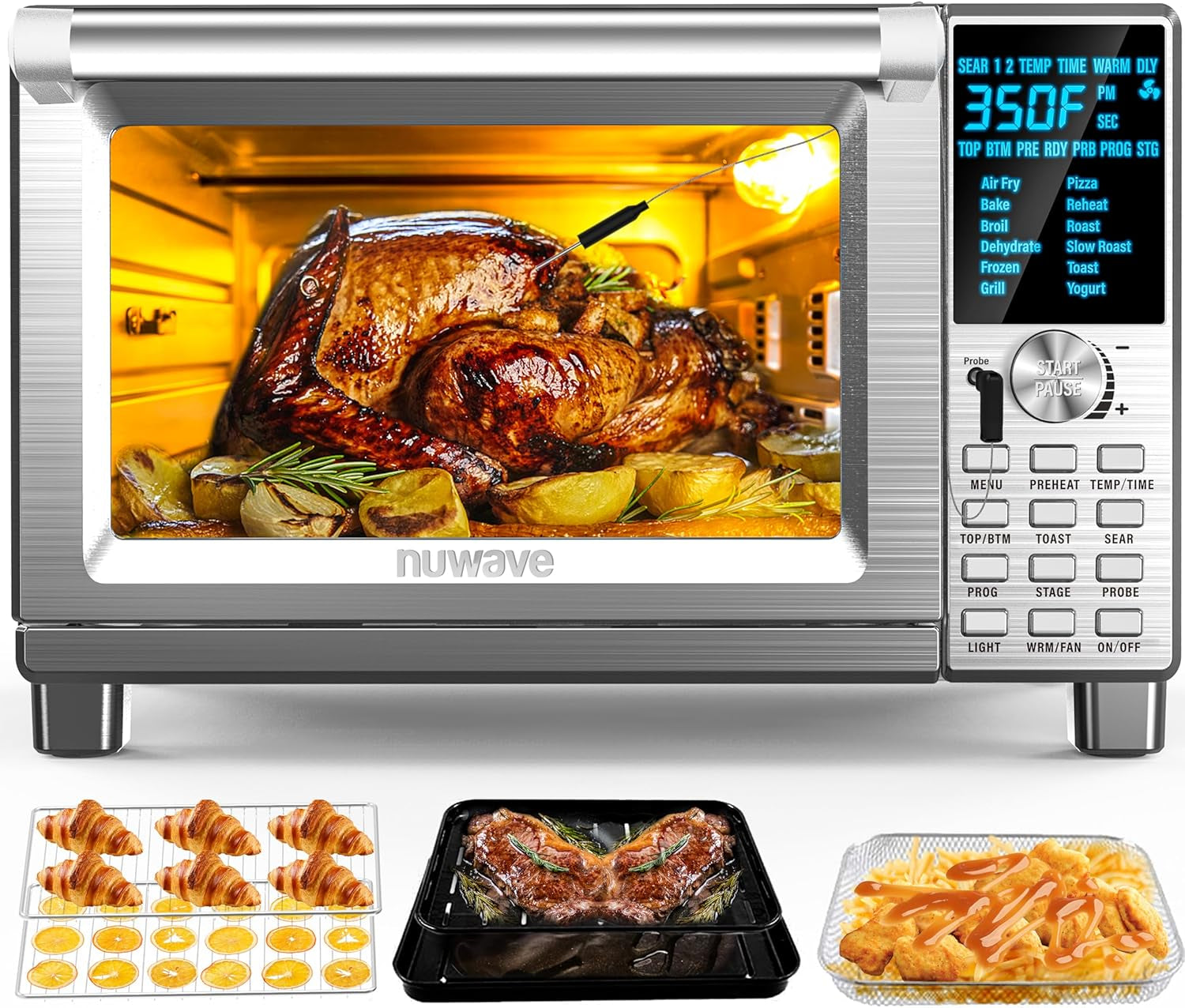 Nuwave Bravo Air Fryer Toaster Smart Oven, 12-In-1 Countertop Convection, 30-QT XL Capacity, 50°-500°F Temperature Controls, Top and Bottom Heater Adjustments 0%-100%, Brushed Stainless Steel Look