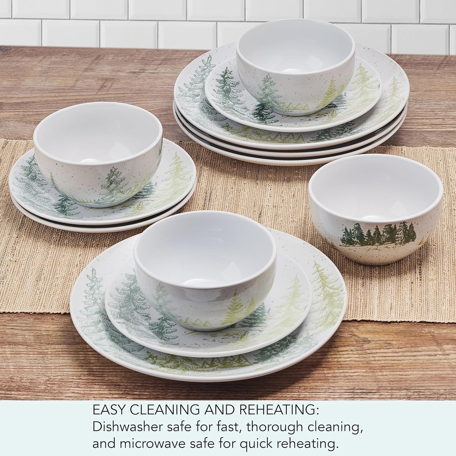 Pfaltzgraff Tranquil Trails Forest 12 Piece Dinnerware Plate Bowl Set, Service for 4