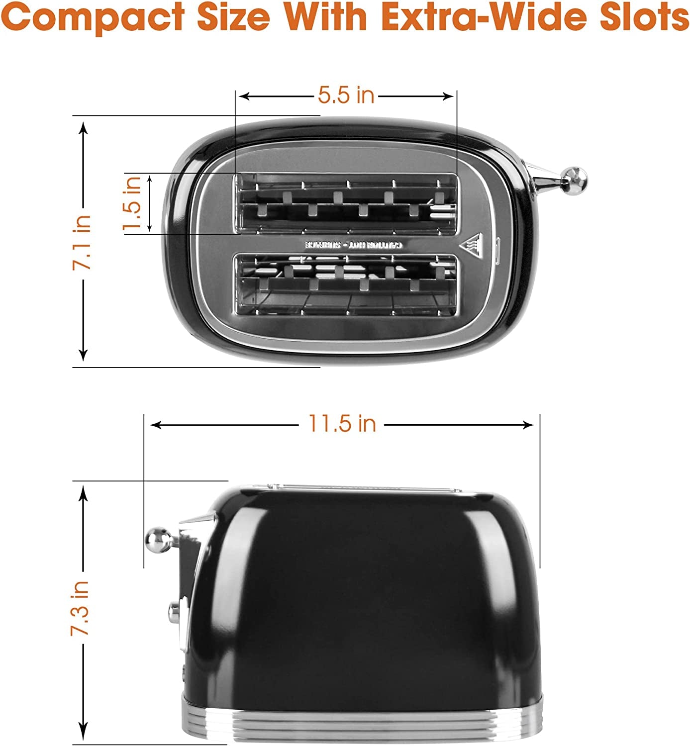 CROWNFUL 2-Slice Toaster, Extra Wide Slots Toaster, Retro Stainless Steel with Bagel, Cancel, Defrost, Reheat Function and 6-Shade Settings, Removal Crumb Tray, Black