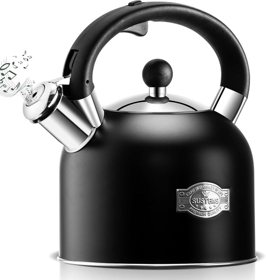 SUSTEAS Tea Kettle - 3.17QT Whistling Kettle with Ergonomic Handle - Premium Stainless Steel Tea Pots for Stove Top, Chic Vintage Teapot with Composite Base, Work for All Stovetops (Black)