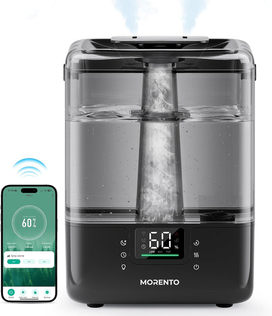 MORENTO Smart Humidifier for Bedroom Large Room Home, 6L Cool Mist Top Fill Humidifiers with Essential Oil Diffuser, 7 Color Nightlight, Smart App & Voice Control, for Nursery and Plants, Black