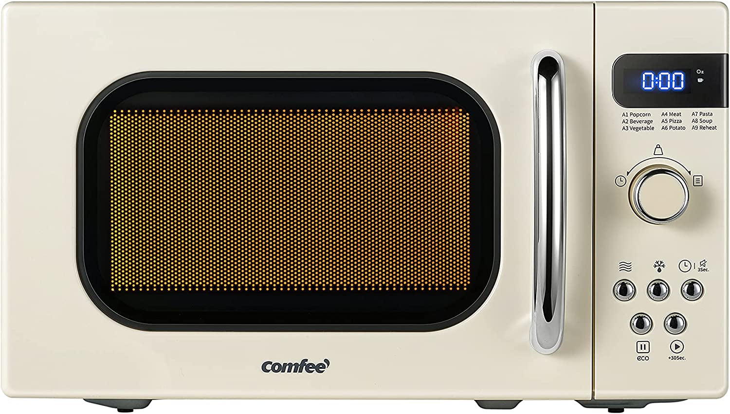 COMFEE' Retro Small Microwave Oven with Compact Size, 9 Preset Menus, Position-Memory Turntable, Mute Function, Countertop Perfect for Spaces, 0.7 Cu Ft/700W, Cream, AM720C2RA-A