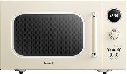 COMFEE' CM-M092AAT Retro Microwave with 9 Preset Programs, Fast Multi-Stage Cooking, Turntable Reset Function Kitchen Timer, Mute Function, ECO Mode, LED Digital Display, 0.9 Cu.Ft, 900W, Apricot