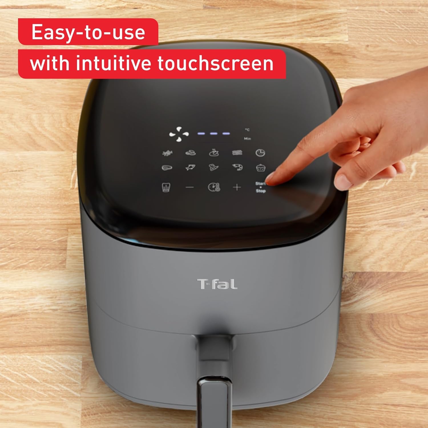 T-Fal, Air Fryer, Easy Fry 5L Capacity Air Fryer with Basket, 10 Auto Cooking Programs 5.3 Quarts, Digital Touchscreen, Dishwahser Safe Basket, Healthy and Crispy Results, Toast, Bake, Grey, EY245B50